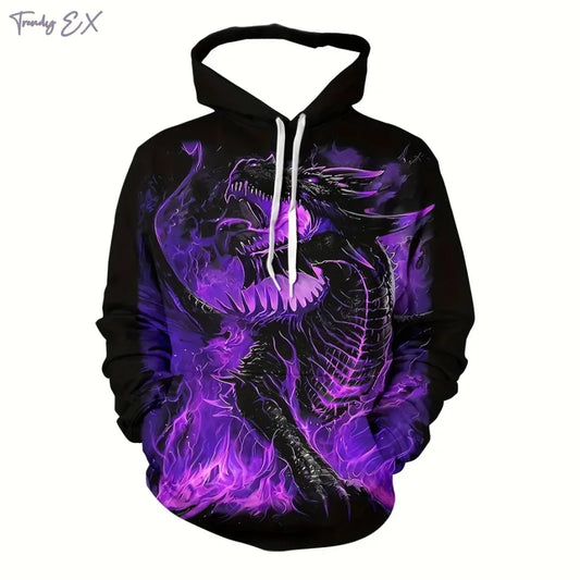 New Sweatshirt 3D Purple Flame Dragon Graphic with Drawstring Pullover Hoodies Harajuku Kangaroo Pocket Long Sleeve Men Clothes