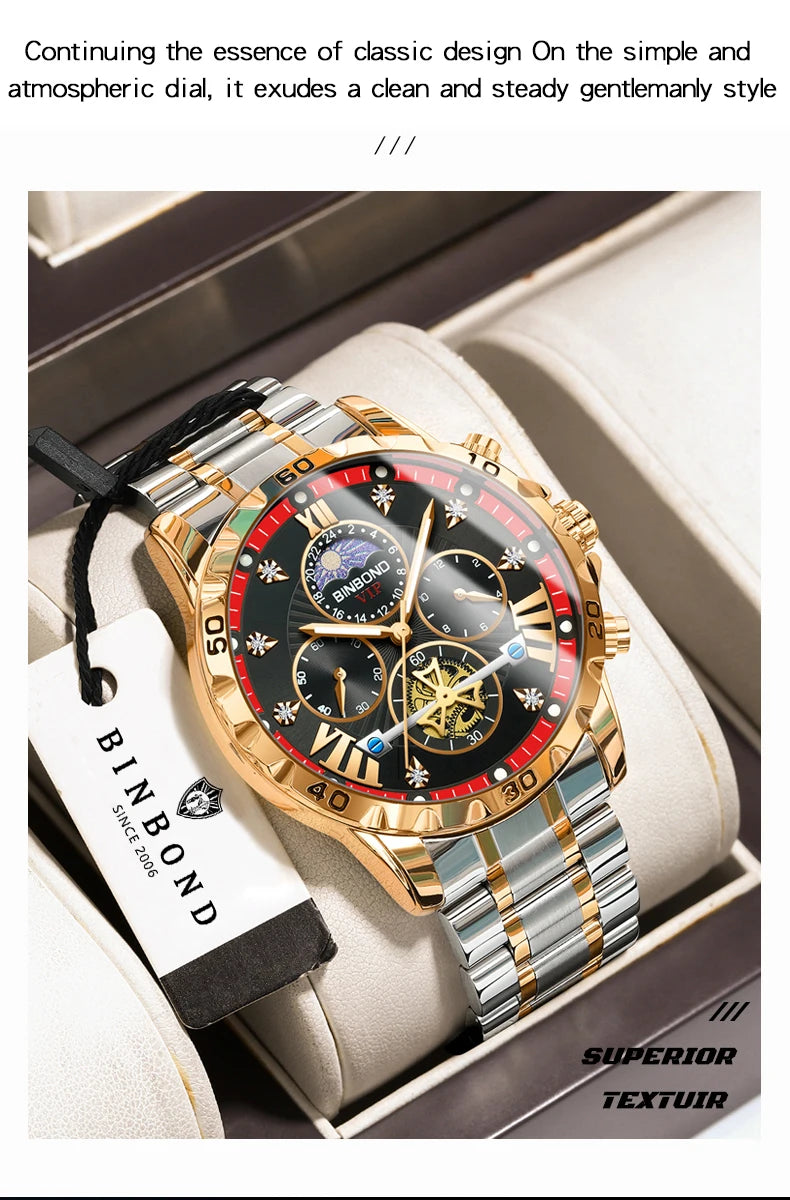 BINBOND quartz watches for men luxury accurate durable watch luminous waterproof chronograph men's watch business watch reloj