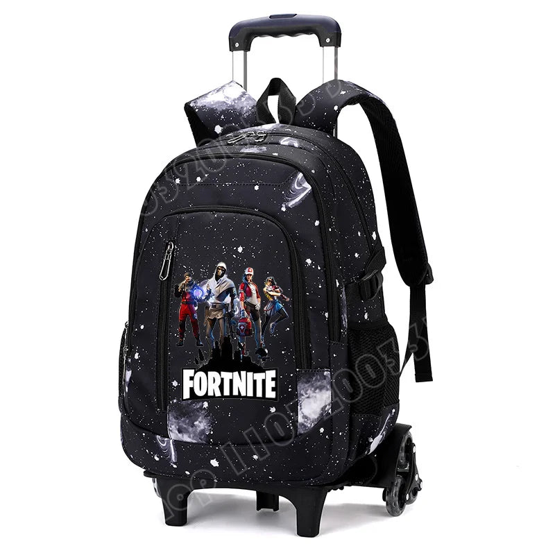 Mochila trolley 2 en 1 Fortnite con estampado de cielo estrellado, gran capacidad, impermeable, compartimento para portátil, diseño para subir escaleras, mochila escolar para estudiantes