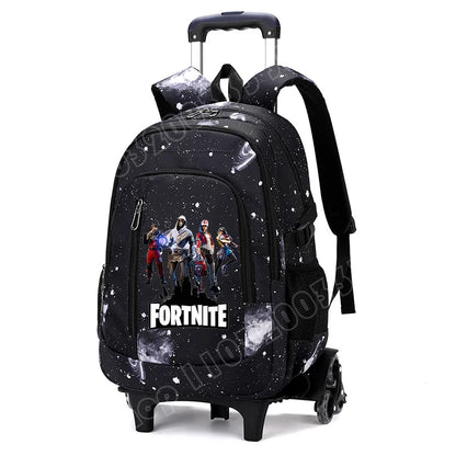 Mochila trolley 2 en 1 Fortnite con estampado de cielo estrellado, gran capacidad, impermeable, compartimento para portátil, diseño para subir escaleras, mochila escolar para estudiantes
