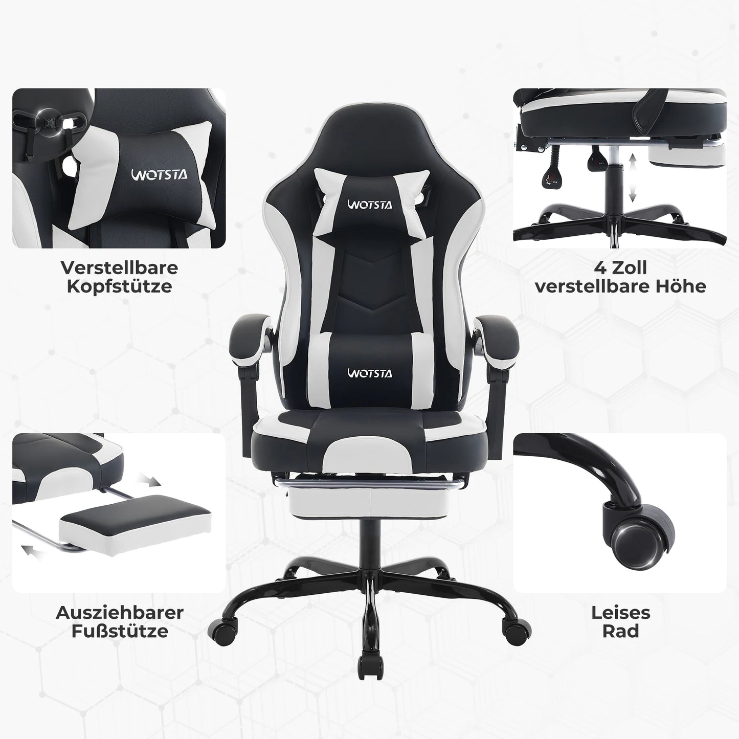 Silla gaming WOTSTA con reposapiés, silla para gamers ergonómica con cojín lumbar, reposacabezas y altura ajustable para ordenador