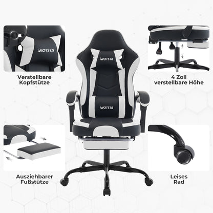 Silla gaming WOTSTA con reposapiés, silla para gamers ergonómica con cojín lumbar, reposacabezas y altura ajustable para ordenador