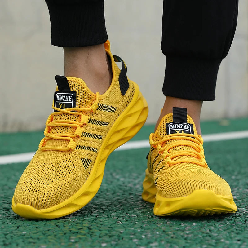 Unisex herresneakers – komfortable, åndbare løbesko til par, kvinder, tennis og sport, størrelse 37-47, gule vandresneakers