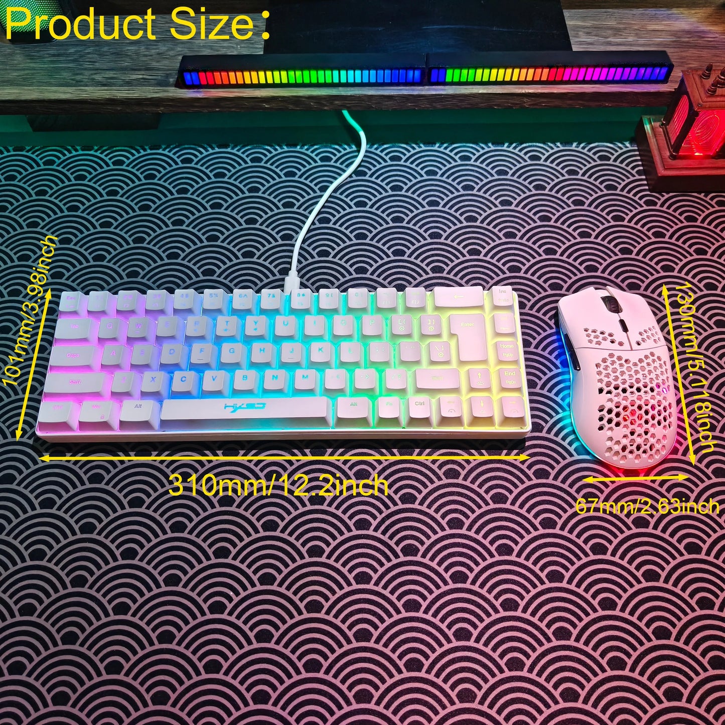 Conjunto gaming portátil HXSJ 60% RGB de teclado y ratón: teclado de membrana con cable de 68 teclas y ratón inalámbrico ligero de 3 modos para PC y Mac