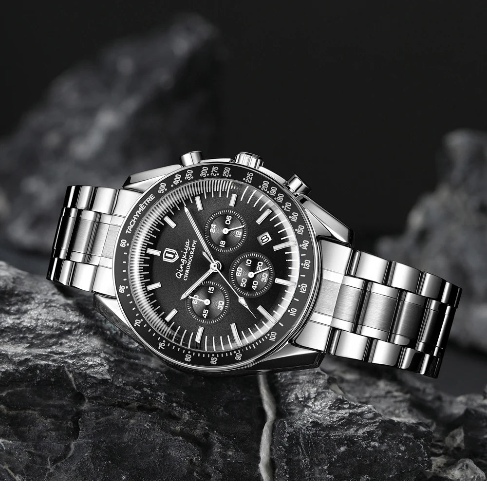 Relógio de quartzo para homem, de marca de luxo, estanque e luminescente, em aço inoxidável, equipado com um cronógrafo de 24 horas e um indicador de data – Relógio elegante para homem