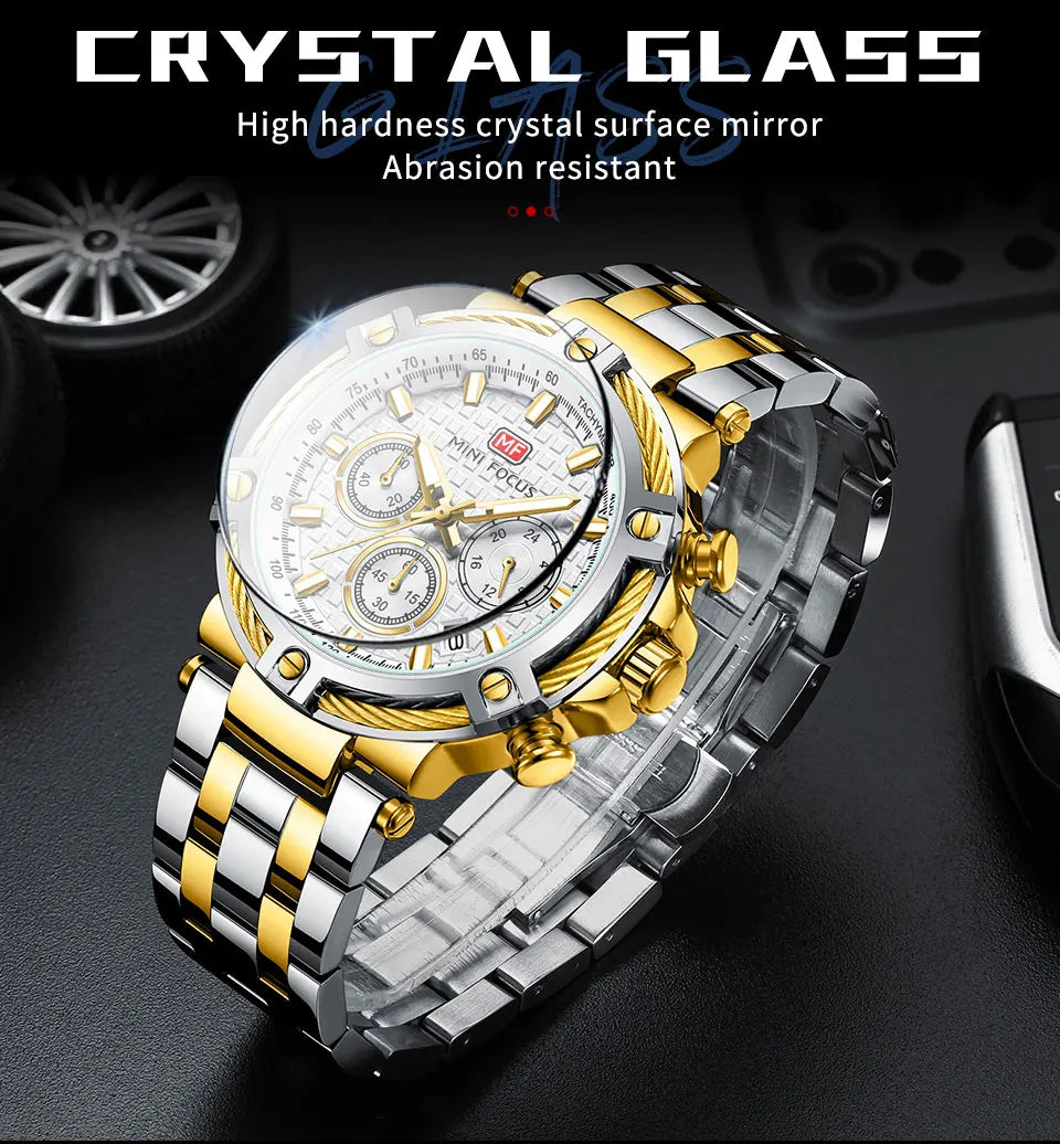 MINI FOCUS Black Stainless Steel Quartz Watch Men Fashion Luminous Dress Wristwatch with Date 24-hour Display Chronograph 0470