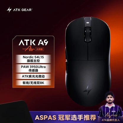 Mouse gaming wireless Bluetooth ATK Dragonfly A9, design ergonomico, risposta rapida, PAW3950 Ultra, 800mAh, leggero, 8KHz, eSport