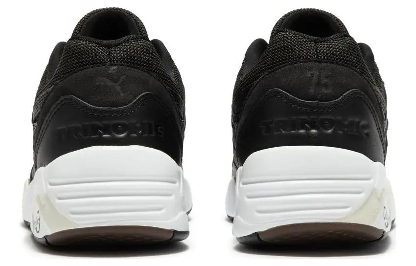 Puma R698 75Y, baskets en cuir et tissu, chaussures de ville confortables à tige basse, baskets noires et blanches, 393403-01.