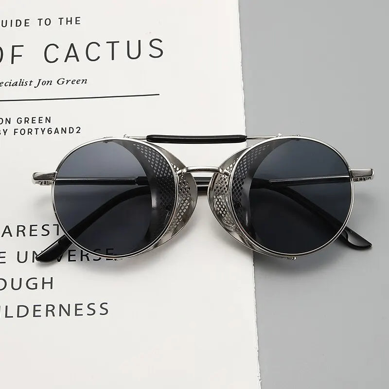 2023 Steampunk Side Wind Proof Mesh Flip Round Metal Sunglasses