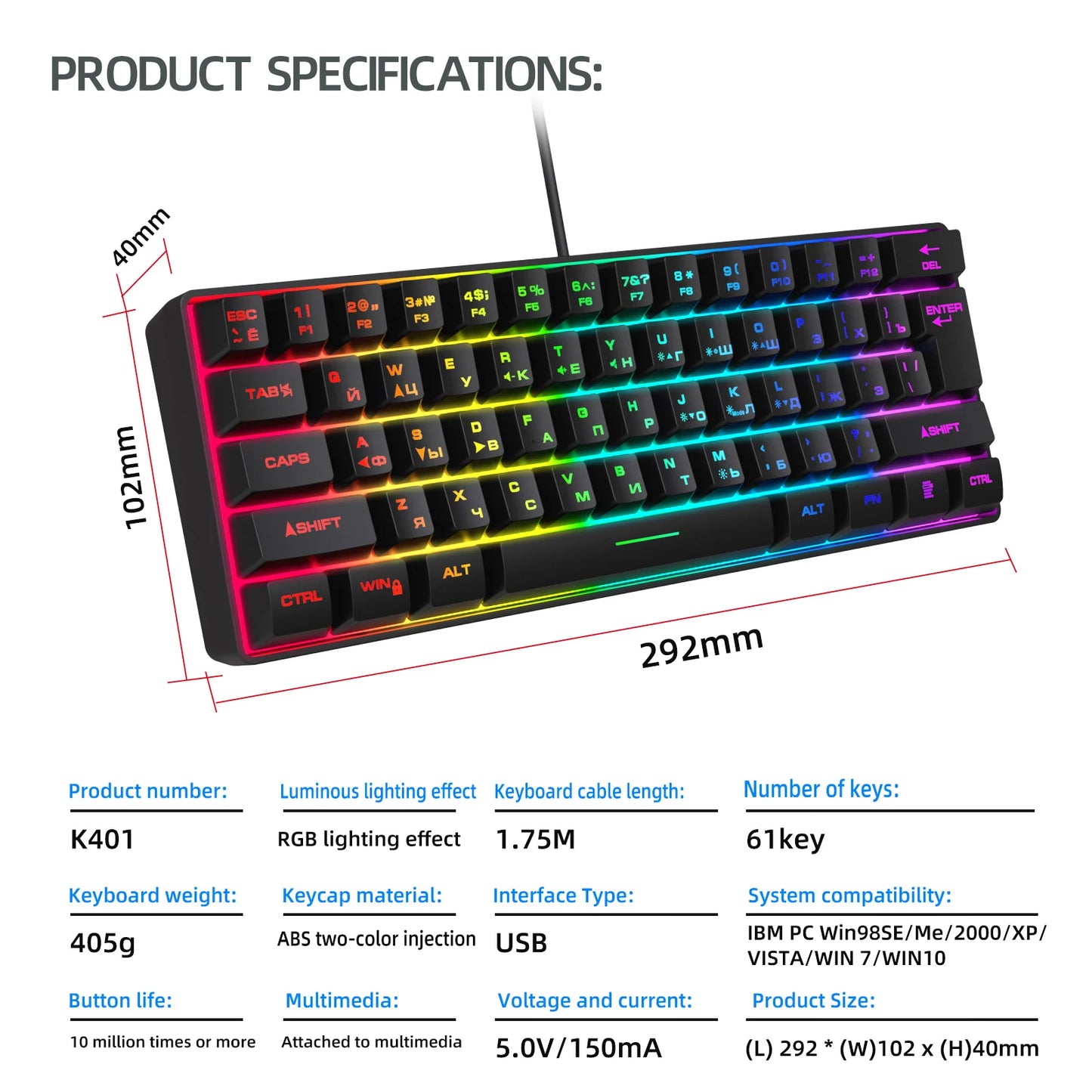 Teclado gaming, teclado ultracompacto de 61 teclas con retroiluminación RGB ruso/inglés, teclados de oficina resistentes al agua con sensación mecánica para gaming