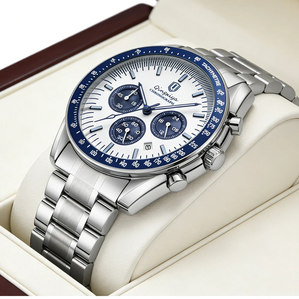 Relógio de quartzo para homem, de marca de luxo, estanque e luminescente, em aço inoxidável, equipado com um cronógrafo de 24 horas e um indicador de data – Relógio elegante para homem