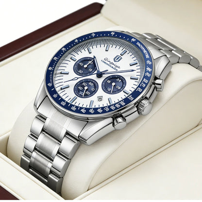 Relógio de quartzo para homem, de marca de luxo, estanque e luminescente, em aço inoxidável, equipado com um cronógrafo de 24 horas e um indicador de data – Relógio elegante para homem
