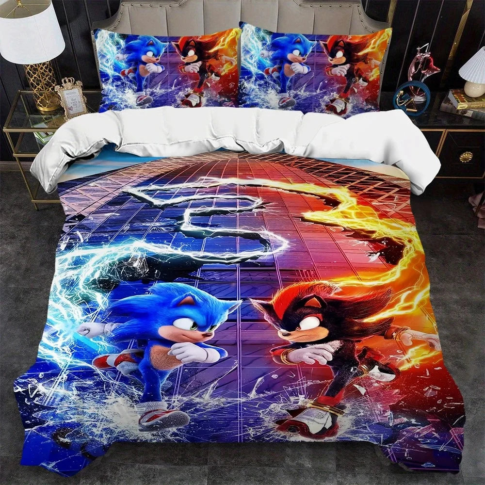 Juego de funda nórdica de dibujos animados, ropa de cama suave de algodón lavable, S-Sonic-S, película H-HedgehogS, set de 2/3 piezas, cuatro estaciones, residencia de estudiantes