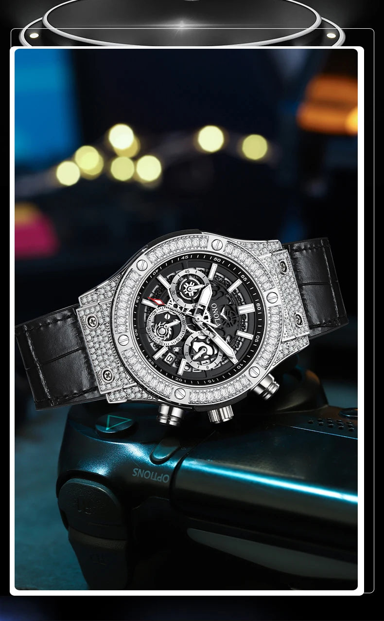 ONOLA Luxury Style Diamond Inlaid Men Quartz Watch Leather Strap Calendar Men Watch 30M Waterproof Men Clock