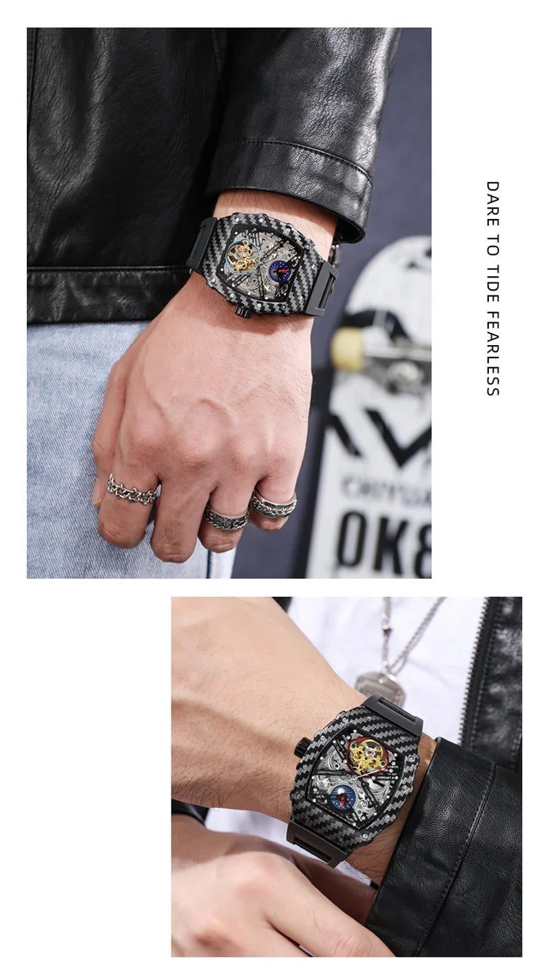 Mechaniczny zegarek Tourbillion dla mężczyzn, silikonowy pasek, szkieletowa koperta tonneau, automatyczne zegarki męskie, luksusowa topowa marka, reloj hombre