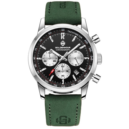 Relógio de luxo para homem GOLDENHOUR – Cronógrafo de quartzo, mostrador verde, bracelete em pele, resistente à água, luminescente, estilo militar e desportivo
