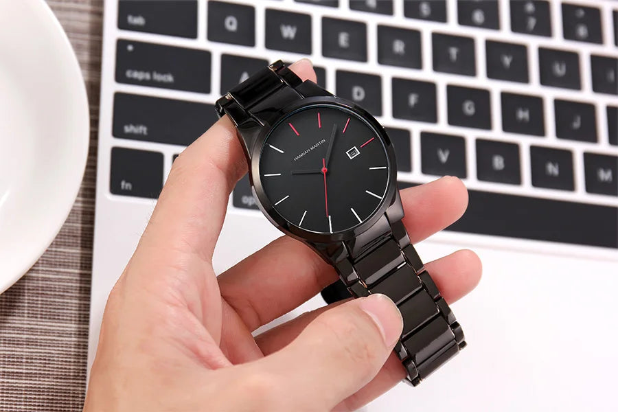 Relógio de homem Hannah Martin, caixa em aço inoxidável, movimento de quartzo, mostrador de 41 mm, estilo profissional, com indicação do calendário (imitação)