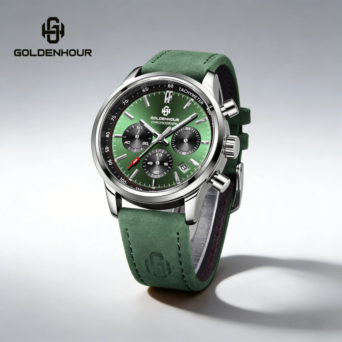 Relógio de luxo para homem GOLDENHOUR – Cronógrafo de quartzo, mostrador verde, bracelete em pele, resistente à água, luminescente, estilo militar e desportivo