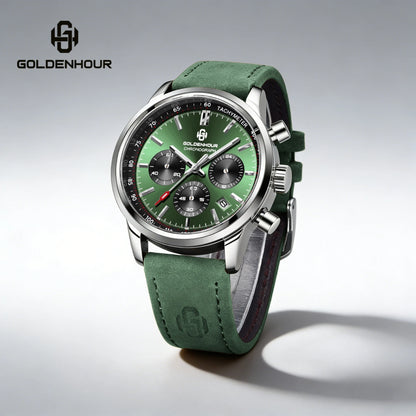 Relógio de luxo para homem GOLDENHOUR – Cronógrafo de quartzo, mostrador verde, bracelete em pele, resistente à água, luminescente, estilo militar e desportivo
