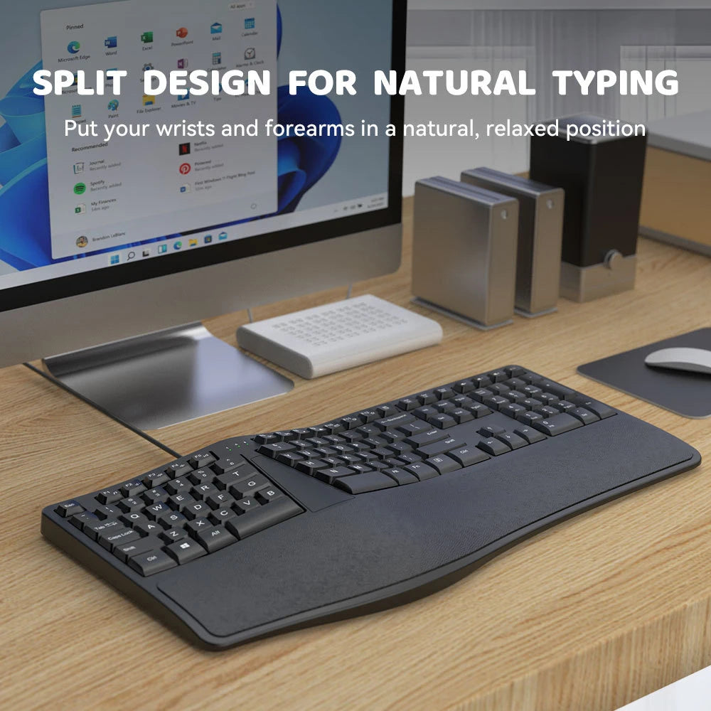 Tastiera ergonomica cablata USB K9 divisa, tastiera ergonomica con poggiapolsi, 110 tasti, tastiera gaming per uffici professionali