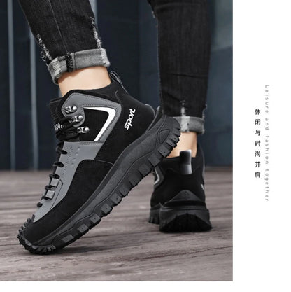 Black And Tan Mid Top Hiking Boots Suede And Leather Platform Sneakers Non Slip Outdoor Casual Shoes With Rugged Sole For All