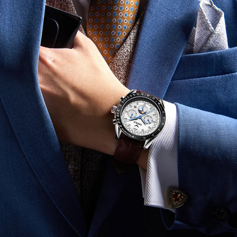 Relógio mecânico para homem ONOLA – Relógio automático de luxo com um estilo descontraído, com bracelete em pele e mostrador perfurado