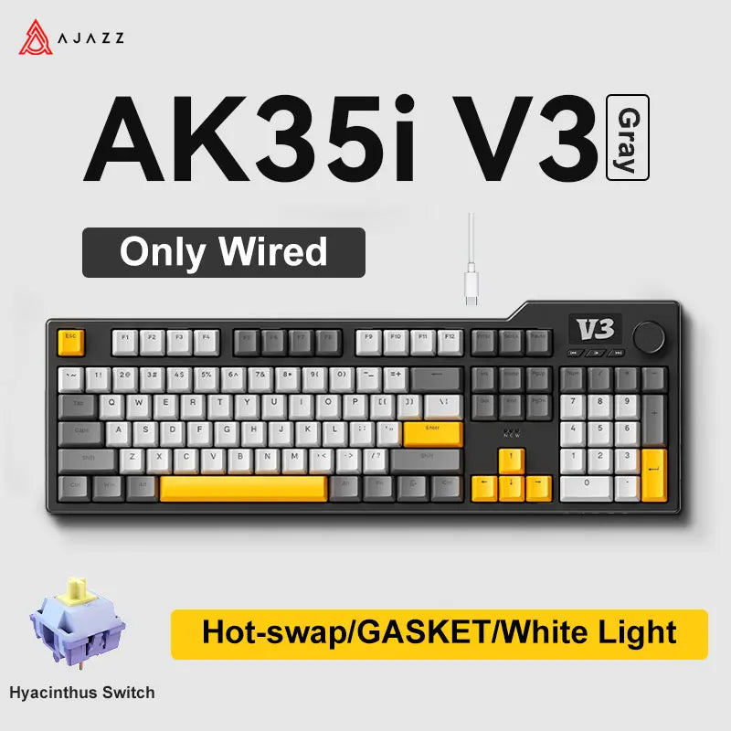 Nuova tastiera gaming personalizzata AJAZZ AK35I V3 MAX Tri-mode cablata, Bluetooth e wireless, struttura gasket, hot swap completo, 104 tasti