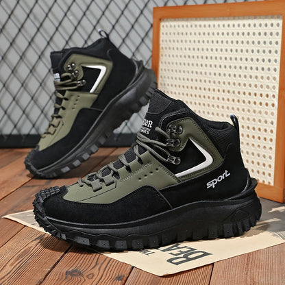 Black And Tan Mid Top Hiking Boots Suede And Leather Platform Sneakers Non Slip Outdoor Casual Shoes With Rugged Sole For All