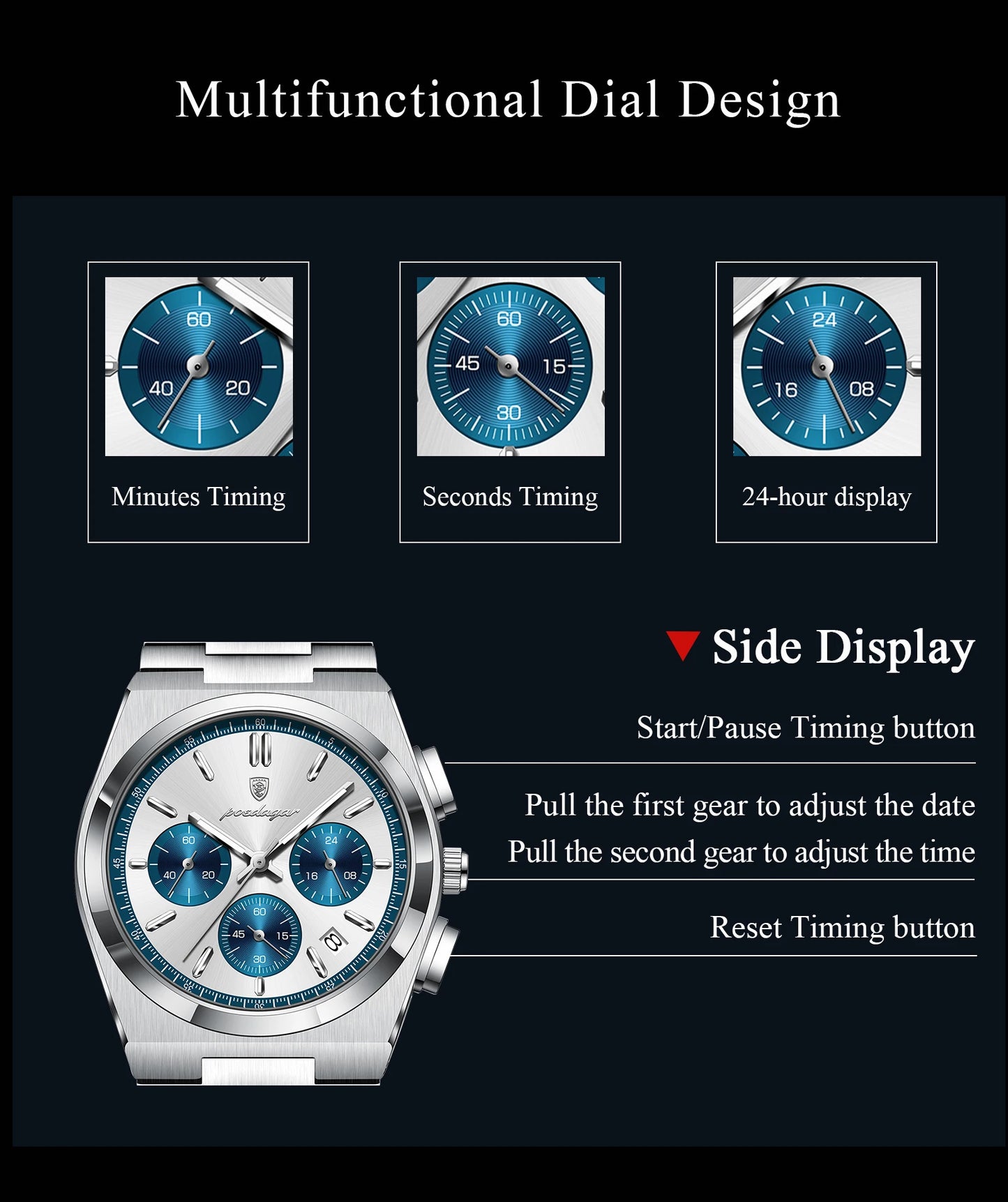 POEDAGAR Fashion Men's Wristwatch Chronograph Date Stainless Steel Quartz Man Clock Waterproof Luminous Business Watches For Men