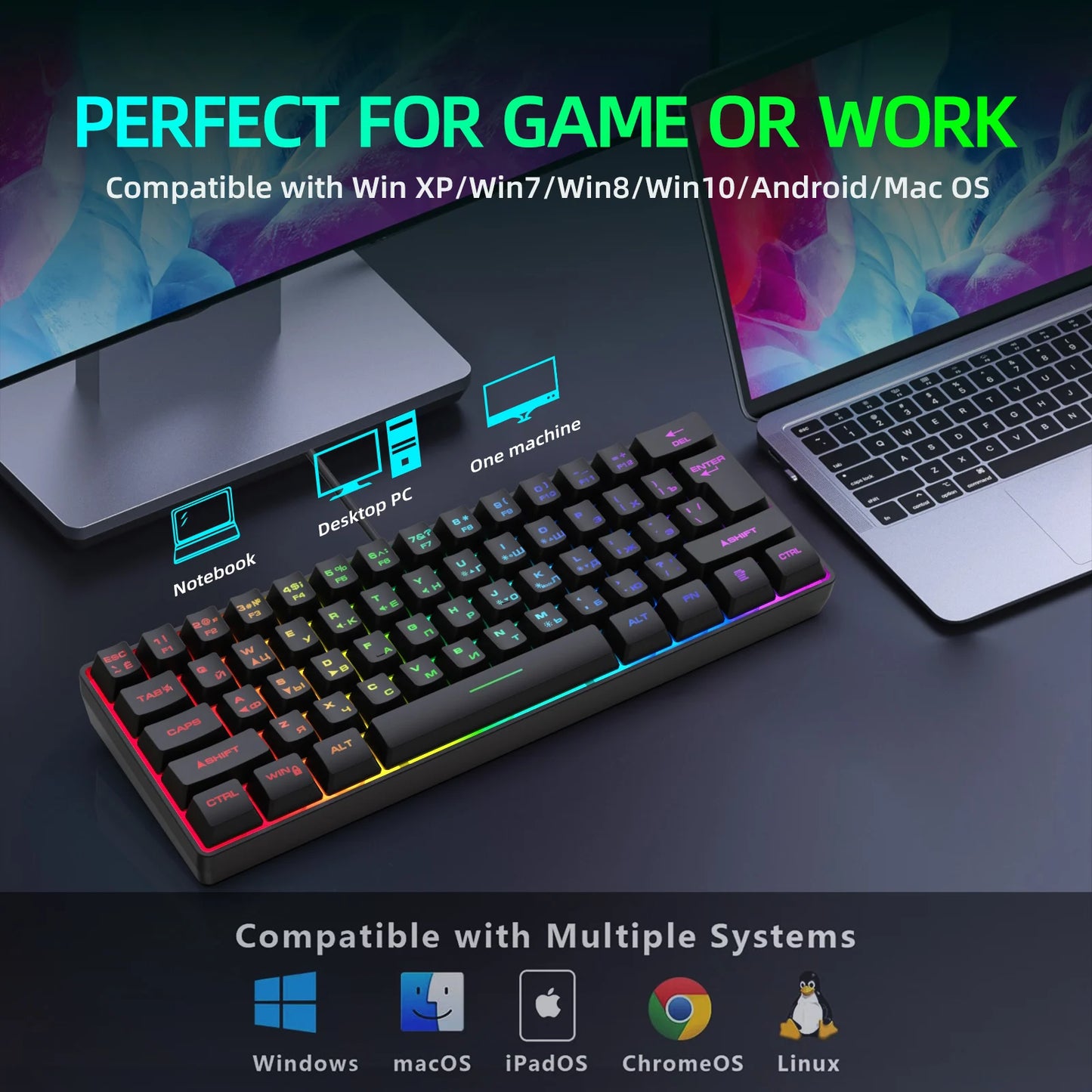 Teclado gaming, teclado ultracompacto de 61 teclas con retroiluminación RGB ruso/inglés, teclados de oficina resistentes al agua con sensación mecánica para gaming