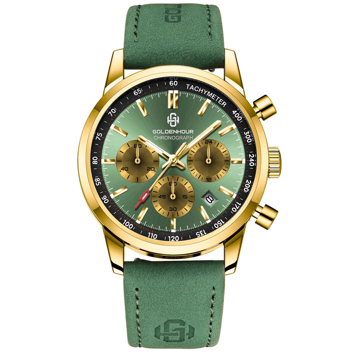 Relógio de luxo para homem GOLDENHOUR – Cronógrafo de quartzo, mostrador verde, bracelete em pele, resistente à água, luminescente, estilo militar e desportivo