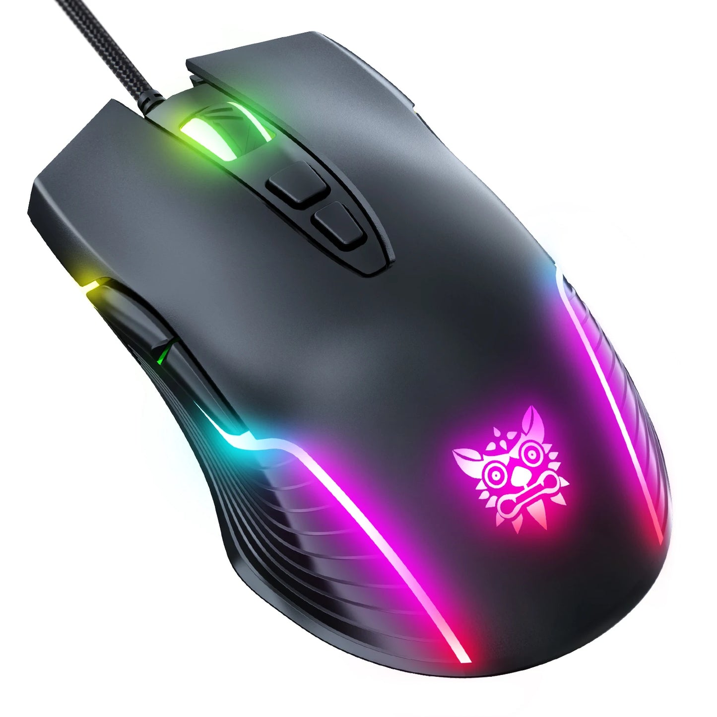 Ratón gaming con cable ONIKUMA, 6 niveles ajustables, 6400 DPI, 7 botones programables, 7 modos de iluminación RGB, diseño ergonómico para gamers de PC