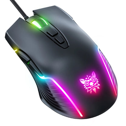 Ratón gaming con cable ONIKUMA, 6 niveles ajustables, 6400 DPI, 7 botones programables, 7 modos de iluminación RGB, diseño ergonómico para gamers de PC