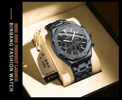 BINBOND 0161 Brand Man Quartz Watch Luxury Luminous Chronograph Wristwatch Stainless Steel Waterproof Men Date Calendar Clock