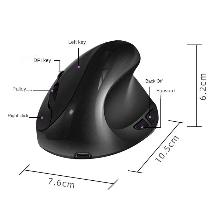 BTS-908 Mouse verticale ricaricabile di tendenza, mouse wireless ergonomico con ricevitore USB 2.4G, DPI regolabile fino a 1600 e 6 pulsanti