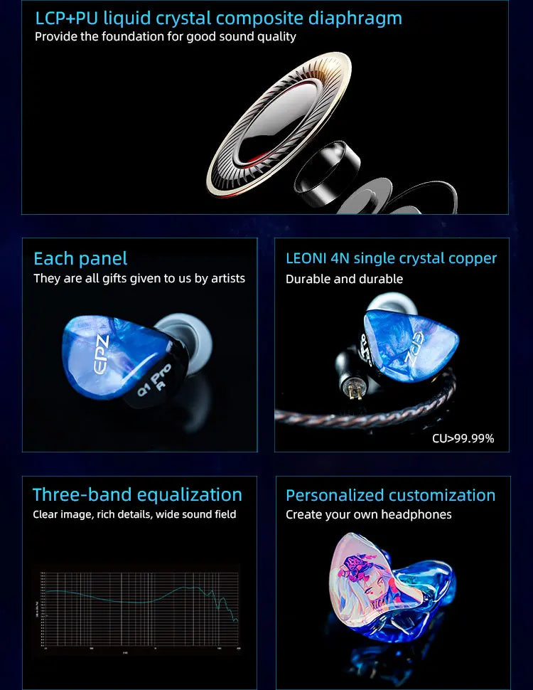 EPZ Q1 Pro Yunshuilan Wired HiFi Bass Earbuds IEM Gaming Earphones with Mic, 10mm Dual Magnetic Driver, Detachable 0.78mm 2-Pin Cable