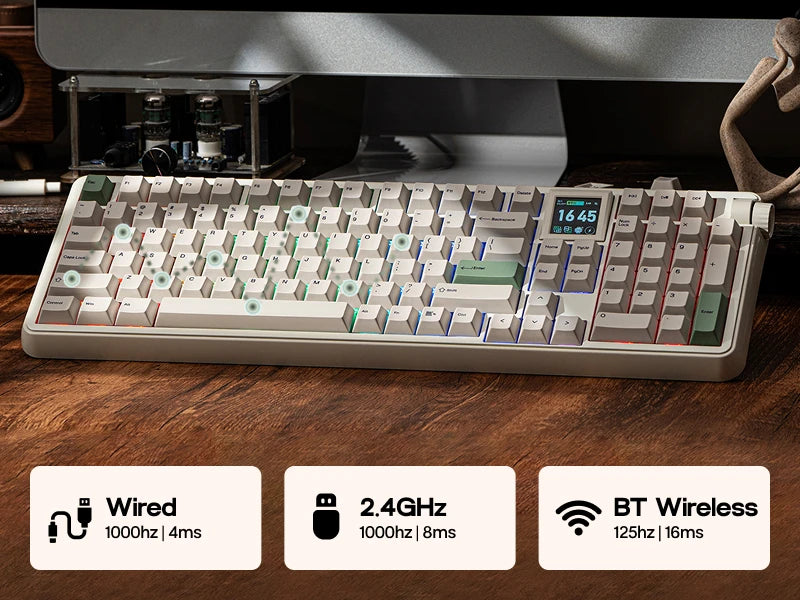 EPOMAKER RT100 PRO Tastiera meccanica 100% layout ANSI US con gasket, cablata/Bluetooth/wireless 2.4Ghz, schermo da 1.54” e manopola del volume