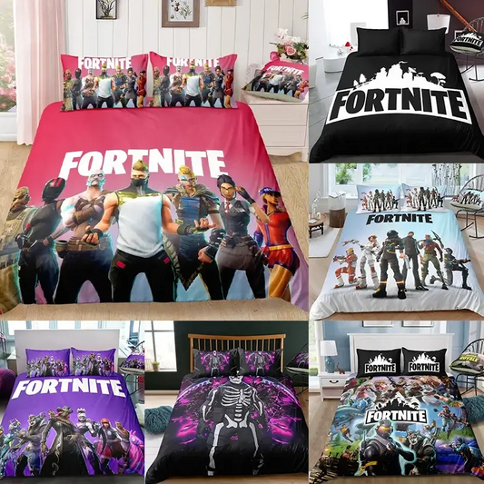 Спален комплект Fortnite с плик за завивка, 3 части, 3D принт, спално бельо за спалня, игра, аниме, анимационна калъфка за възглавница, декорация за стая, подаръци