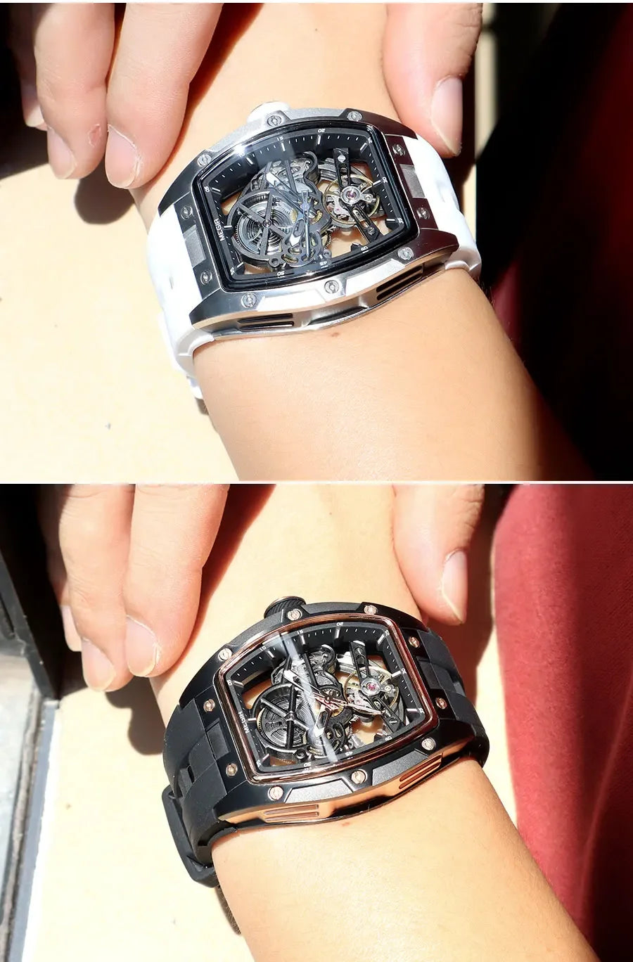 Orologio da polso automatico MEGIR da uomo, fashion, cinturino in silicone nero, impermeabile, luminoso, sportivo, meccanico, con quadrante tonneau 2242