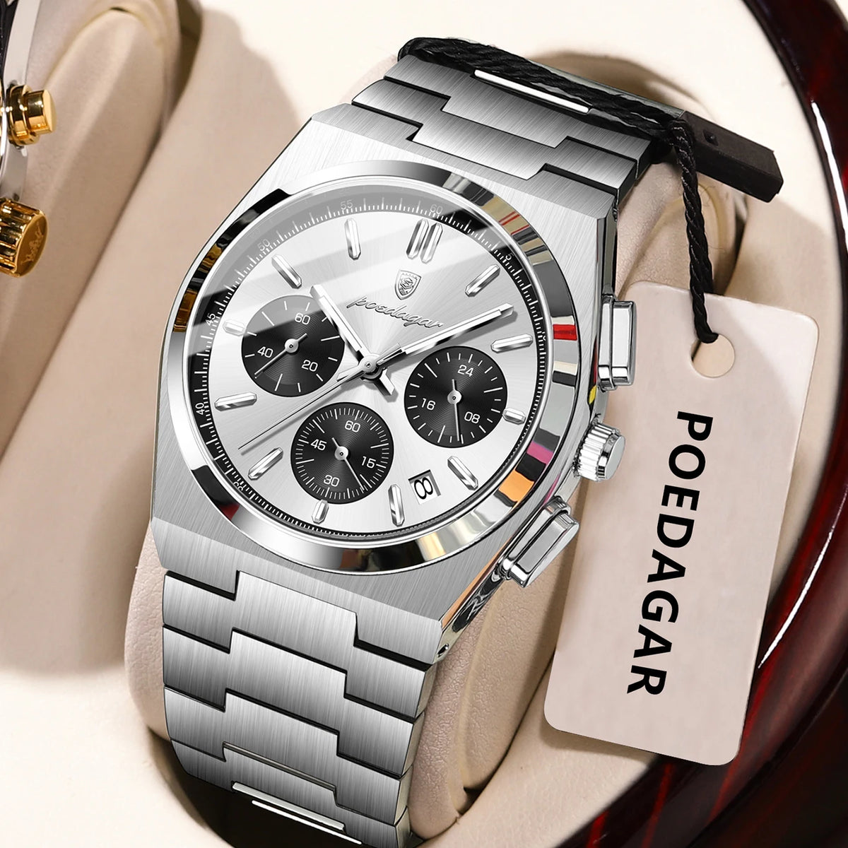 Reloj para hombre POEDAGAR: cronógrafo de lujo de acero inoxidable, con fecha, resistente al agua y luminiscente; reloj de pulsera deportivo de cuarzo