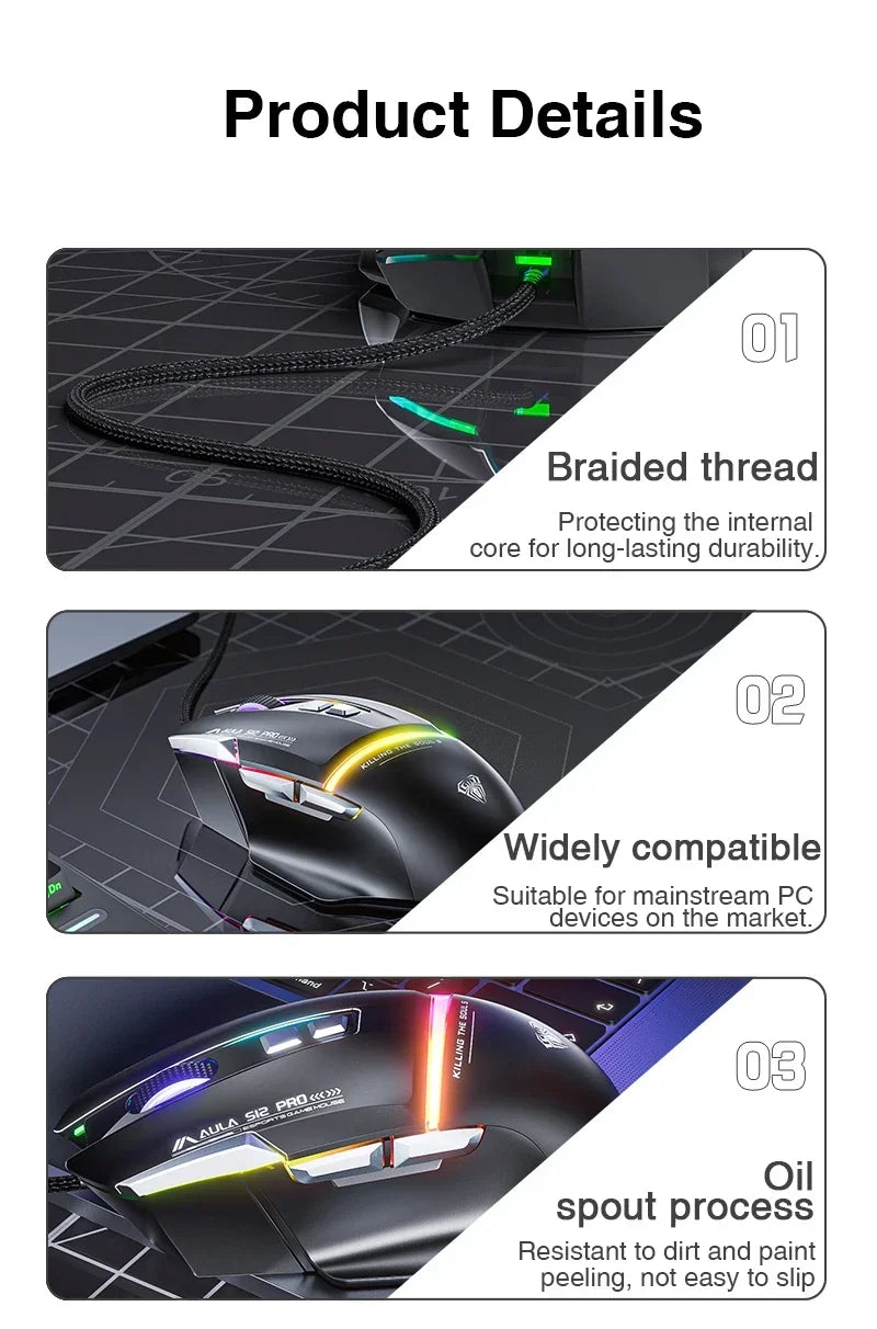Mouse meccanico cablato AULA S12Pro 1000HZ 12800DPI RGB a bassa latenza con macro personalizzabili, mouse da gaming esports, accessori per PC gamer