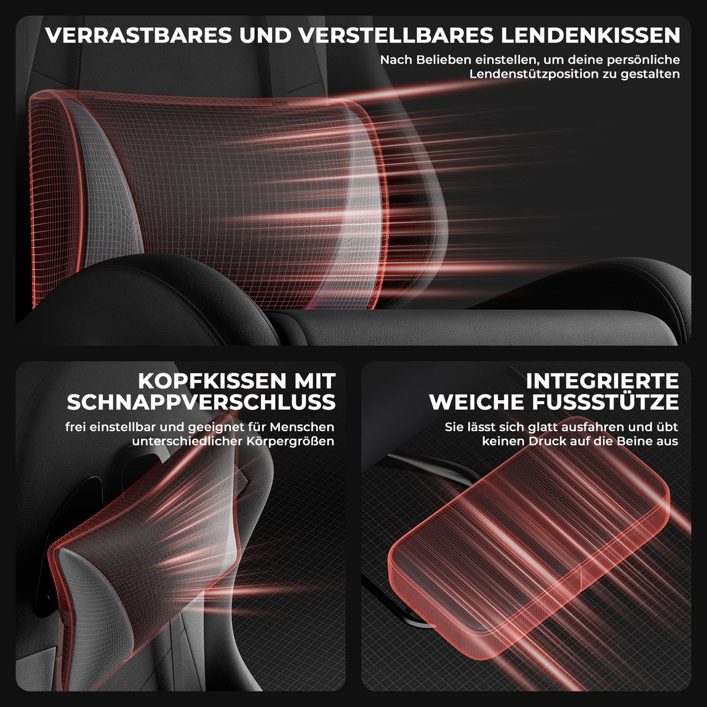 Ergonomic Gaming Chair with Lumbar Support & Head Pillow, Adjustable Reclining Computer Gaming Chair, Black Grey Office Chair