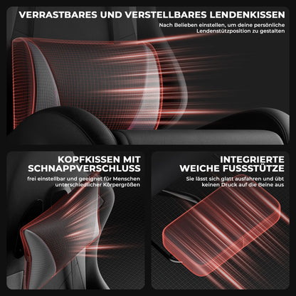 Ergonomic Gaming Chair with Lumbar Support & Head Pillow, Adjustable Reclining Computer Gaming Chair, Black Grey Office Chair