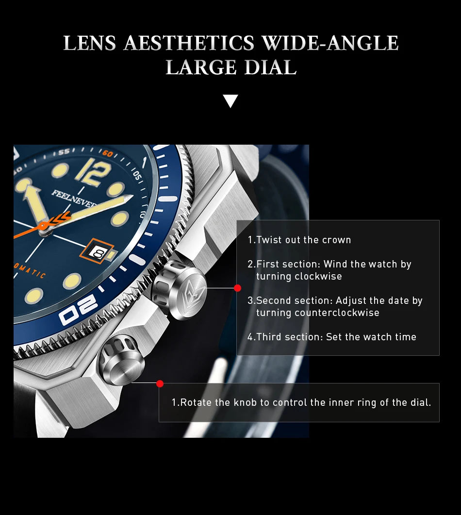 Orologio subacqueo automatico FeelNever 8215 da uomo, super luminoso, in acciaio 316, con vetro zaffiro, orologio sportivo meccanico maschile
