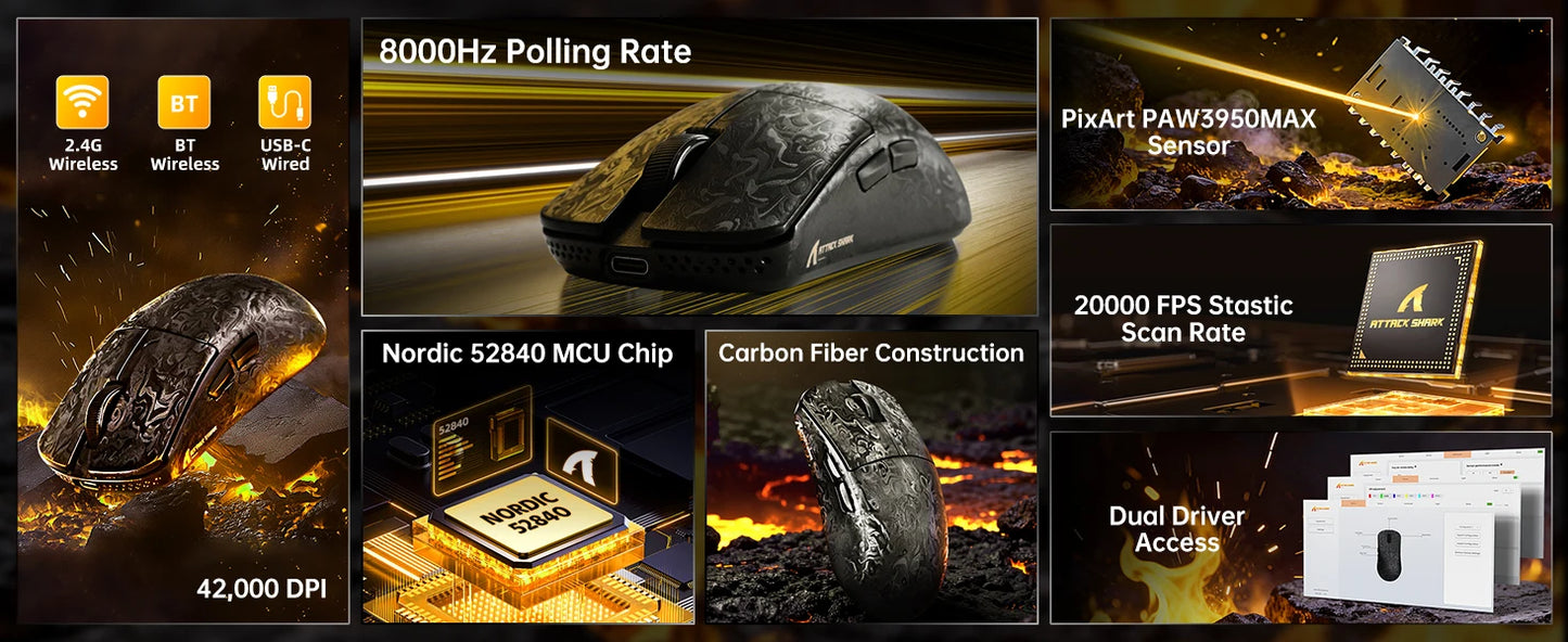 Mouse gaming wireless ATTACK SHARK R11 ULTRA in fibra di carbonio, 8000Hz, PAW3950MAX, 42000DPI, ultraleggero 49g, 20000FPS, Nordic 52840