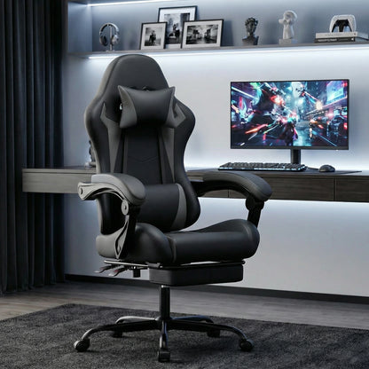 Ergonomic Gaming Chair with Lumbar Support & Head Pillow, Adjustable Reclining Computer Gaming Chair, Black Grey Office Chair