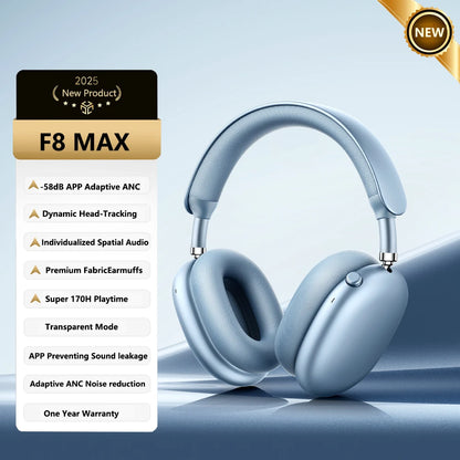 Cuffie wireless Picun F8MAX ANC, cancellazione attiva del rumore ibrida 59dB, audio spaziale, auricolari Bluetooth 6.0, headset over-ear 180H