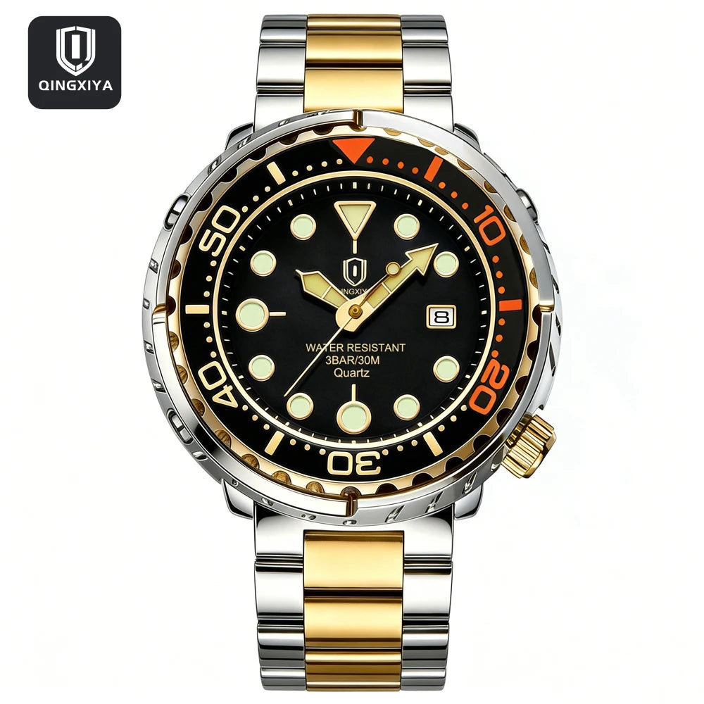 QINGXIYA Mens Watches Fashion Waterproof Luminous Date Rotating Dial High Quality Stainless Steel Luxury Brand Men Quartz Watch