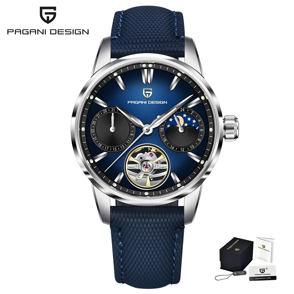 PAGANI DESIGN – Relógio mecânico de luxo para homem, 41 mm, vidro de safira, bracelete em pele, estanque, estilo piloto, com turbilhão e fase lunar