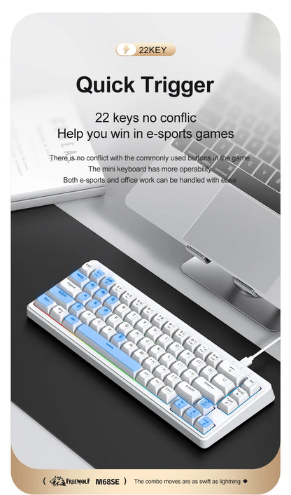 FREEWOLF M68SE Teclado mini con cable de 68 teclas, retroiluminación RGB, Type-C, diseño 68%, compacto para gaming, oficina, PC y portátil